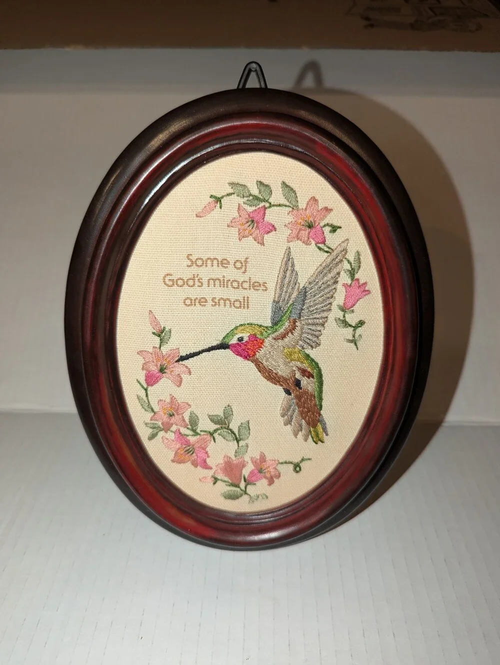 Vintage Framed Hummingbird Embroidery Art - Some of God's Miracles are Small